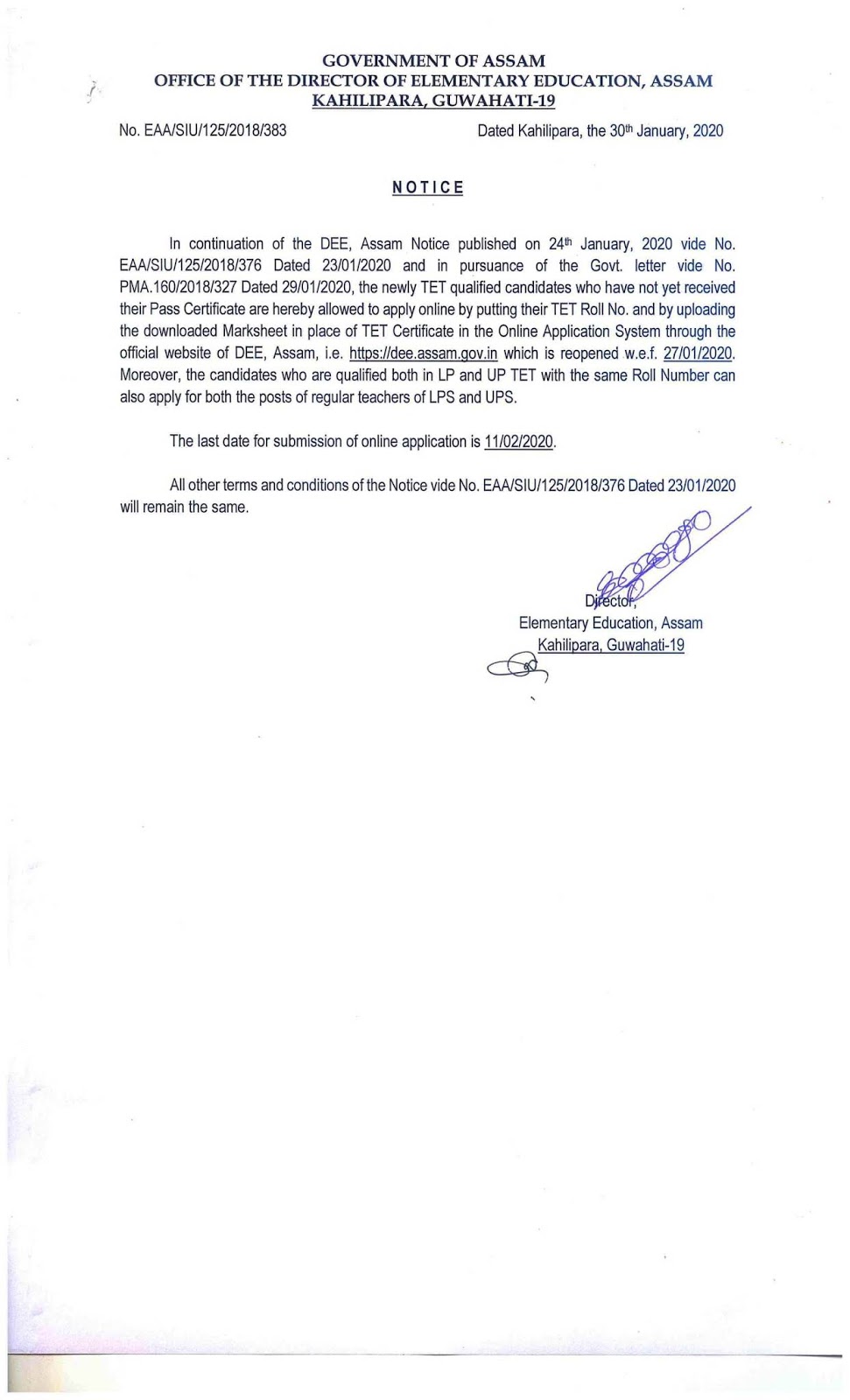 Assam TET Certificate Regarding Notification